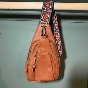 Antik Kraft Tan Faux Leather Compact Sling Bag with Embroidered Strap